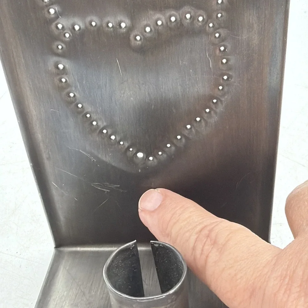 Punched Tin Stamped Metal Heart Candle Holder Wall Sconce Stand Alone Primitive